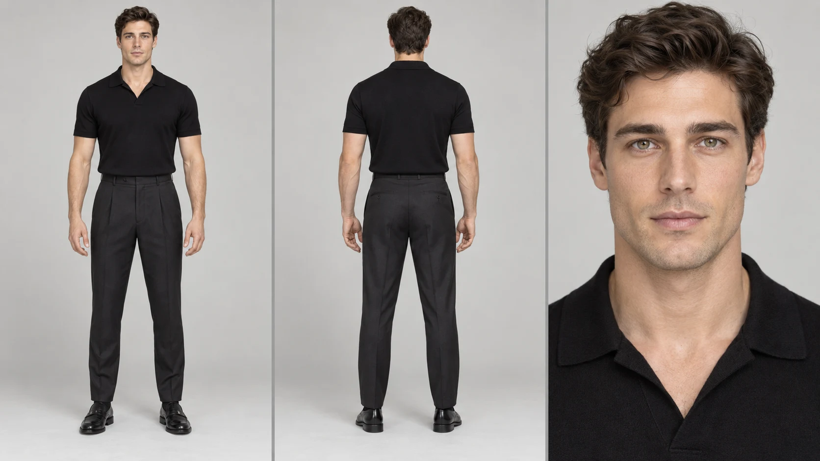 Example portrait for the seated dark-shirt role